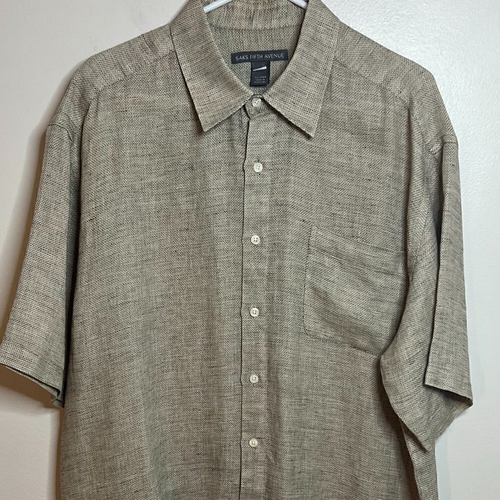 Saks Fifth Avenue Men's XL Thick Linen Beige Short Sleeve Button Up shirt